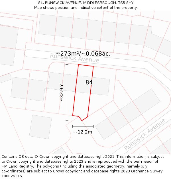 84, RUNSWICK AVENUE, MIDDLESBROUGH, TS5 8HY: Plot and title map