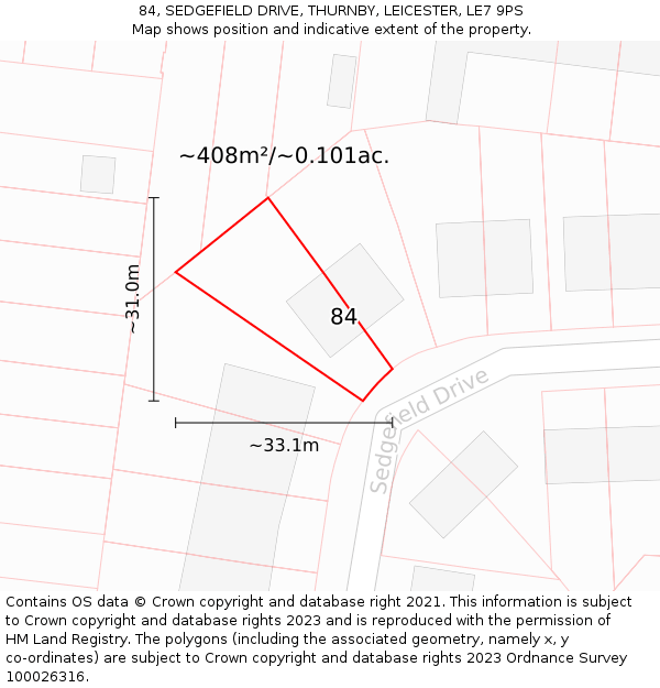 84, SEDGEFIELD DRIVE, THURNBY, LEICESTER, LE7 9PS: Plot and title map