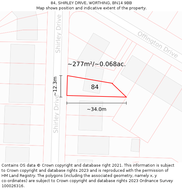 84, SHIRLEY DRIVE, WORTHING, BN14 9BB: Plot and title map