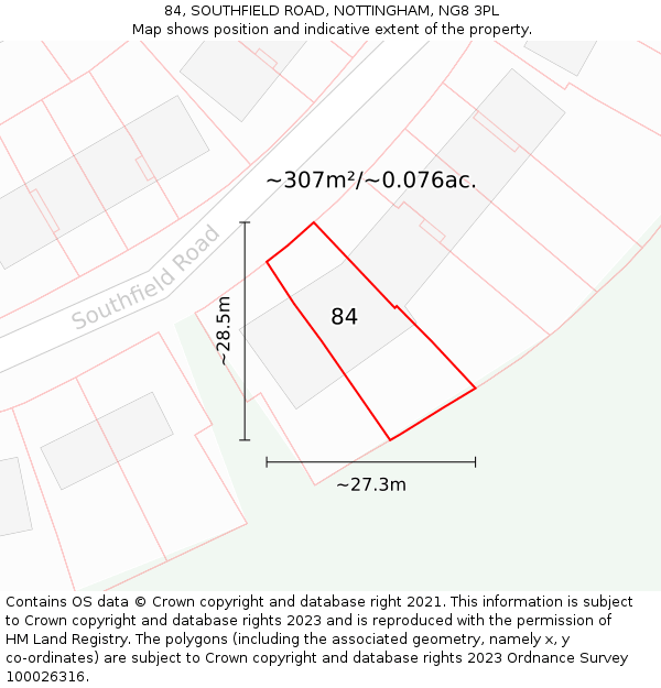 84, SOUTHFIELD ROAD, NOTTINGHAM, NG8 3PL: Plot and title map