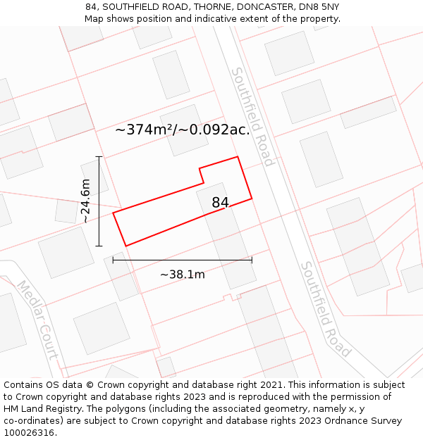 84, SOUTHFIELD ROAD, THORNE, DONCASTER, DN8 5NY: Plot and title map