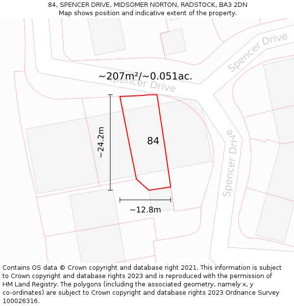84, SPENCER DRIVE, MIDSOMER NORTON, RADSTOCK, BA3 2DN: Plot and title map