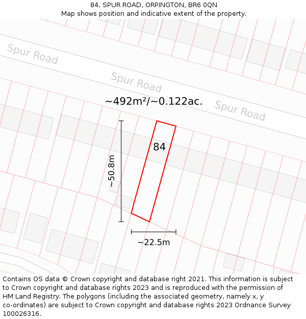 84, SPUR ROAD, ORPINGTON, BR6 0QN: Plot and title map