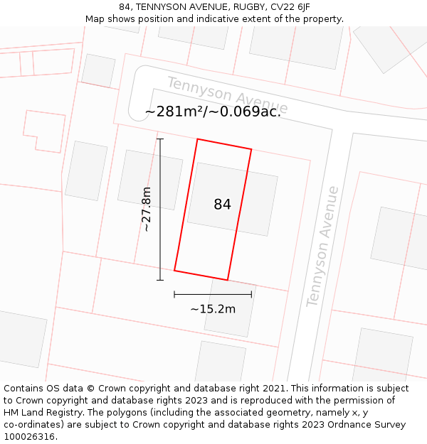 84, TENNYSON AVENUE, RUGBY, CV22 6JF: Plot and title map