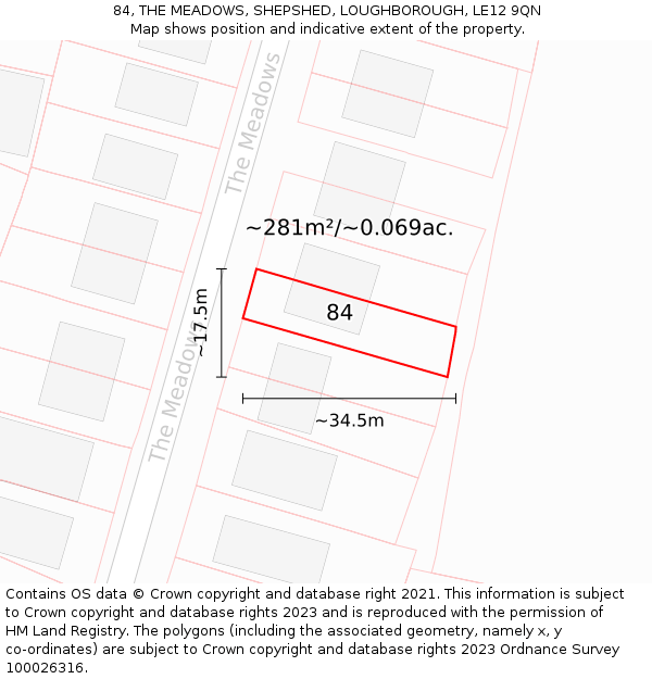84, THE MEADOWS, SHEPSHED, LOUGHBOROUGH, LE12 9QN: Plot and title map