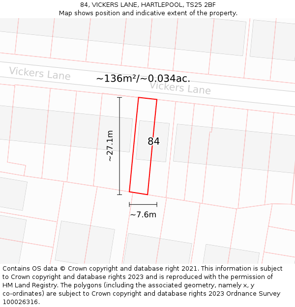 84, VICKERS LANE, HARTLEPOOL, TS25 2BF: Plot and title map