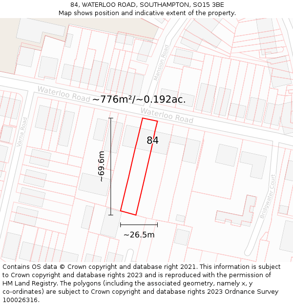 84, WATERLOO ROAD, SOUTHAMPTON, SO15 3BE: Plot and title map