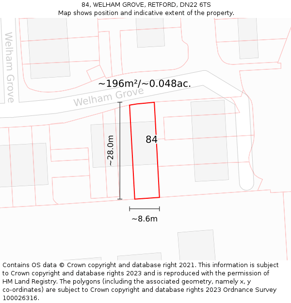 84, WELHAM GROVE, RETFORD, DN22 6TS: Plot and title map