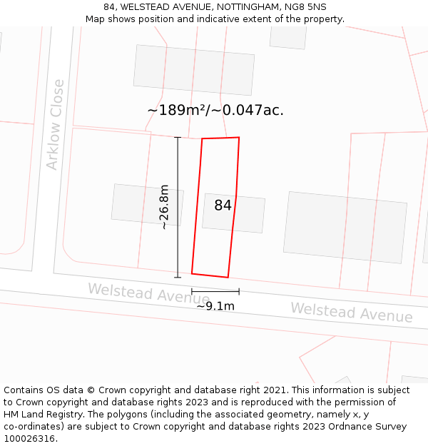84, WELSTEAD AVENUE, NOTTINGHAM, NG8 5NS: Plot and title map