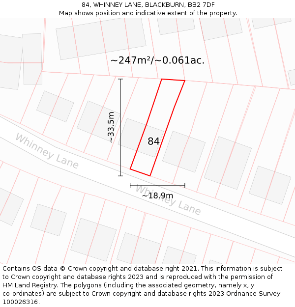 84, WHINNEY LANE, BLACKBURN, BB2 7DF: Plot and title map