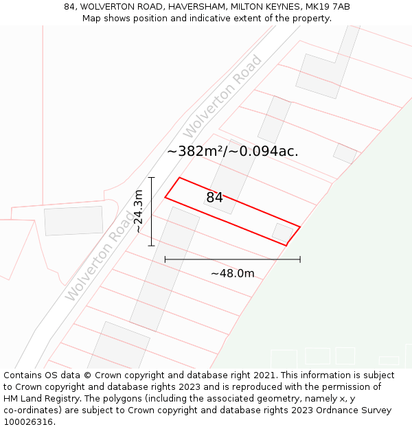 84, WOLVERTON ROAD, HAVERSHAM, MILTON KEYNES, MK19 7AB: Plot and title map