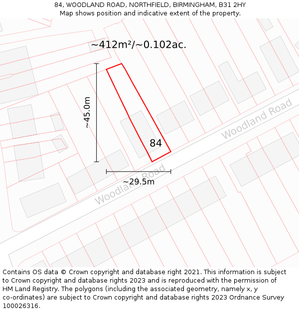 84, WOODLAND ROAD, NORTHFIELD, BIRMINGHAM, B31 2HY: Plot and title map