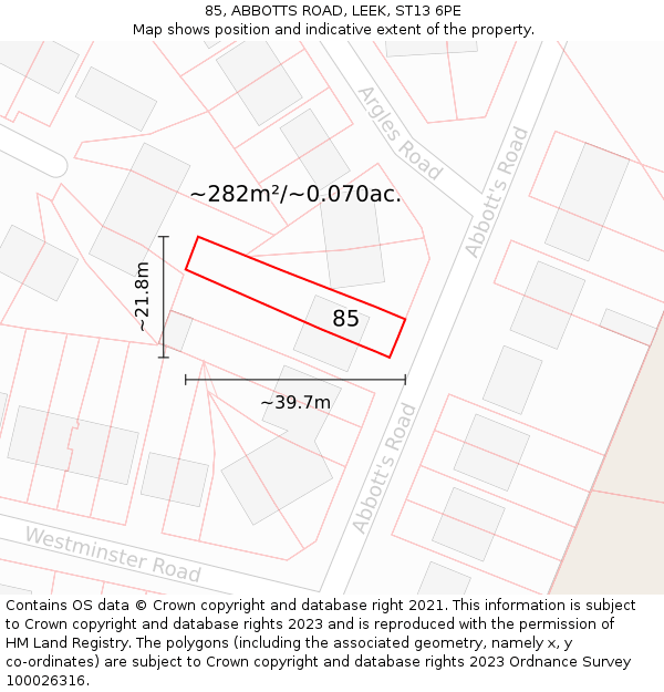 85, ABBOTTS ROAD, LEEK, ST13 6PE: Plot and title map
