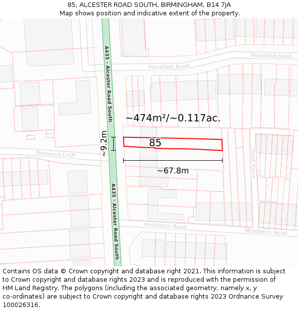 85, ALCESTER ROAD SOUTH, BIRMINGHAM, B14 7JA: Plot and title map