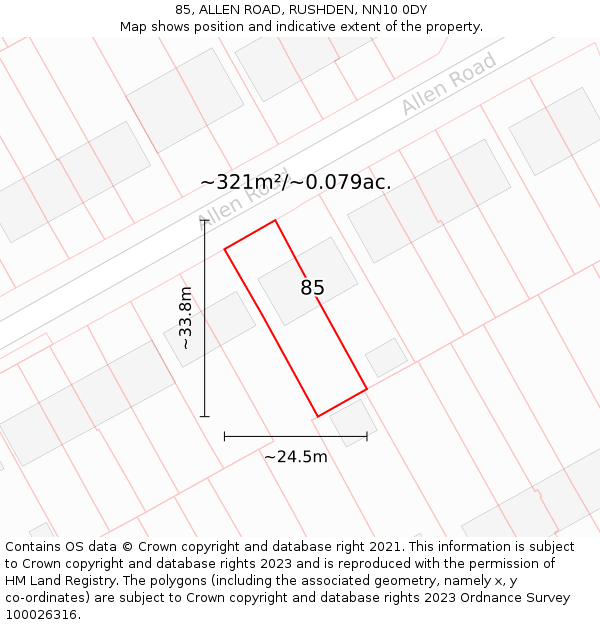 85, ALLEN ROAD, RUSHDEN, NN10 0DY: Plot and title map