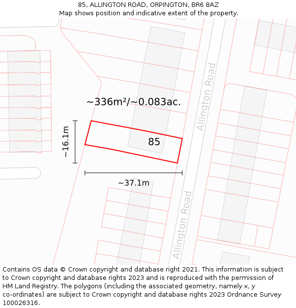 85, ALLINGTON ROAD, ORPINGTON, BR6 8AZ: Plot and title map