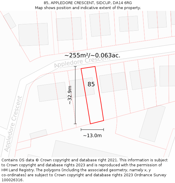 85, APPLEDORE CRESCENT, SIDCUP, DA14 6RG: Plot and title map