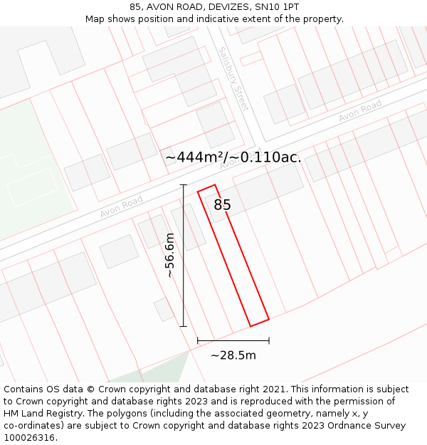 85, AVON ROAD, DEVIZES, SN10 1PT: Plot and title map