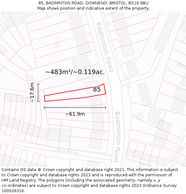 85, BADMINTON ROAD, DOWNEND, BRISTOL, BS16 6BU: Plot and title map