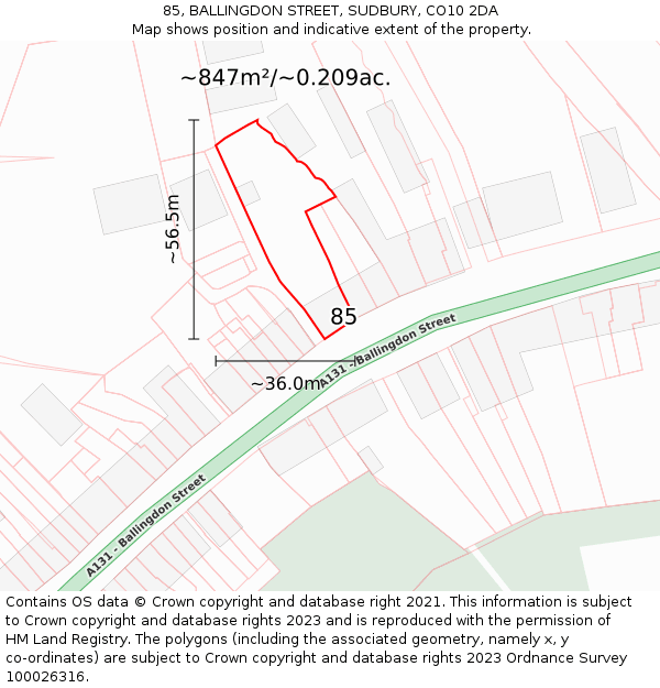 85, BALLINGDON STREET, SUDBURY, CO10 2DA: Plot and title map