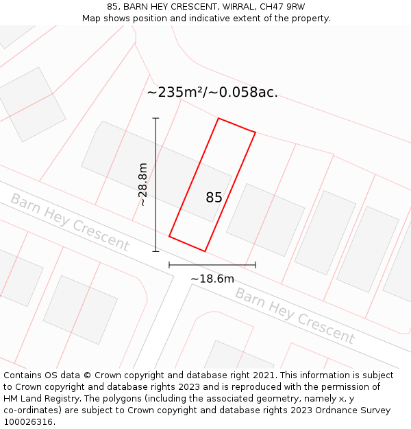 85, BARN HEY CRESCENT, WIRRAL, CH47 9RW: Plot and title map