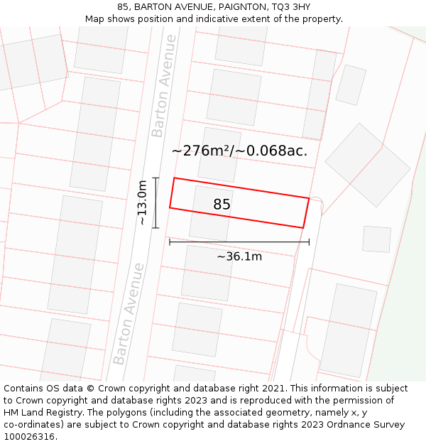 85, BARTON AVENUE, PAIGNTON, TQ3 3HY: Plot and title map