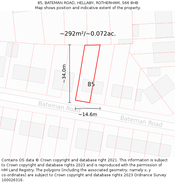 85, BATEMAN ROAD, HELLABY, ROTHERHAM, S66 8HB: Plot and title map