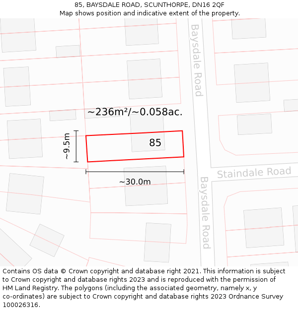 85, BAYSDALE ROAD, SCUNTHORPE, DN16 2QF: Plot and title map
