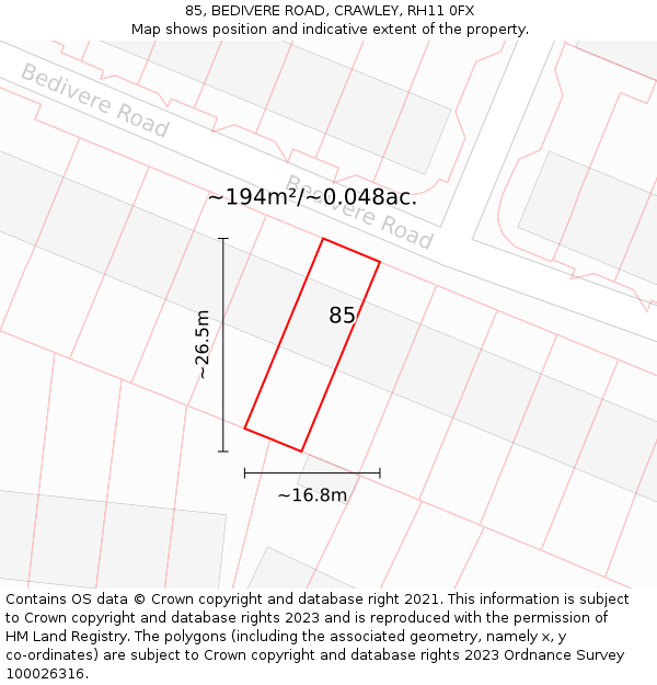 85, BEDIVERE ROAD, CRAWLEY, RH11 0FX: Plot and title map