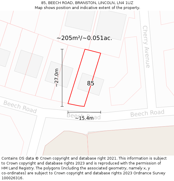 85, BEECH ROAD, BRANSTON, LINCOLN, LN4 1UZ: Plot and title map