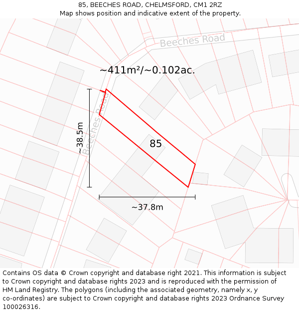 85, BEECHES ROAD, CHELMSFORD, CM1 2RZ: Plot and title map