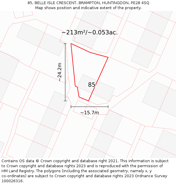 85, BELLE ISLE CRESCENT, BRAMPTON, HUNTINGDON, PE28 4SQ: Plot and title map