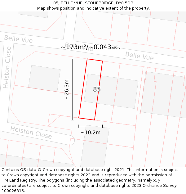85, BELLE VUE, STOURBRIDGE, DY8 5DB: Plot and title map
