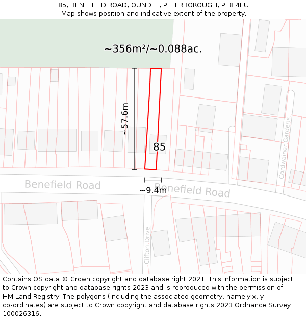85, BENEFIELD ROAD, OUNDLE, PETERBOROUGH, PE8 4EU: Plot and title map