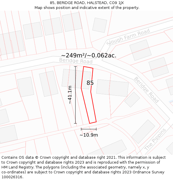 85, BERIDGE ROAD, HALSTEAD, CO9 1JX: Plot and title map