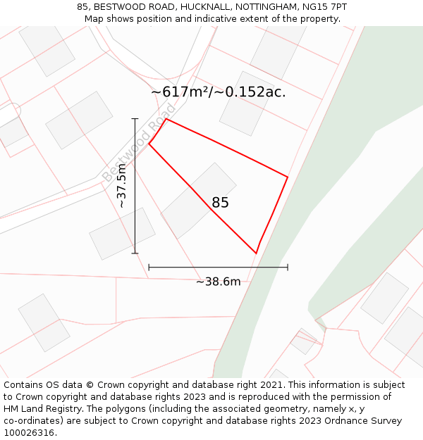 85, BESTWOOD ROAD, HUCKNALL, NOTTINGHAM, NG15 7PT: Plot and title map