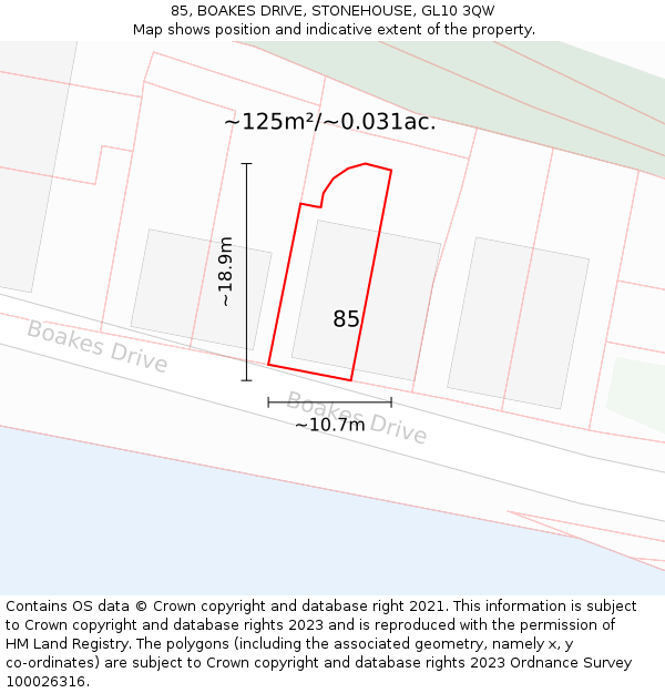 85, BOAKES DRIVE, STONEHOUSE, GL10 3QW: Plot and title map