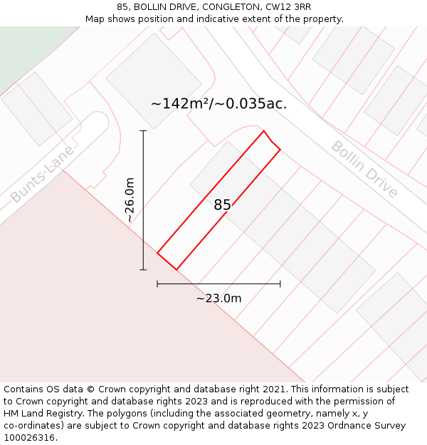 85, BOLLIN DRIVE, CONGLETON, CW12 3RR: Plot and title map