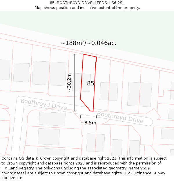 85, BOOTHROYD DRIVE, LEEDS, LS6 2SL: Plot and title map