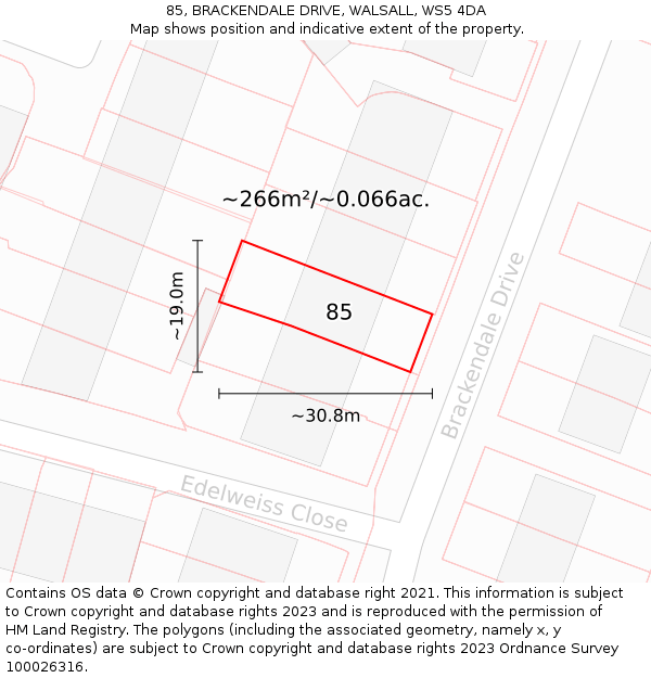 85, BRACKENDALE DRIVE, WALSALL, WS5 4DA: Plot and title map