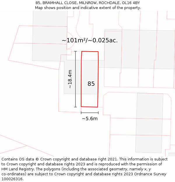 85, BRAMHALL CLOSE, MILNROW, ROCHDALE, OL16 4BY: Plot and title map