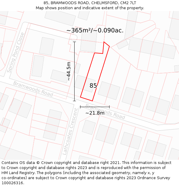 85, BRAMWOODS ROAD, CHELMSFORD, CM2 7LT: Plot and title map