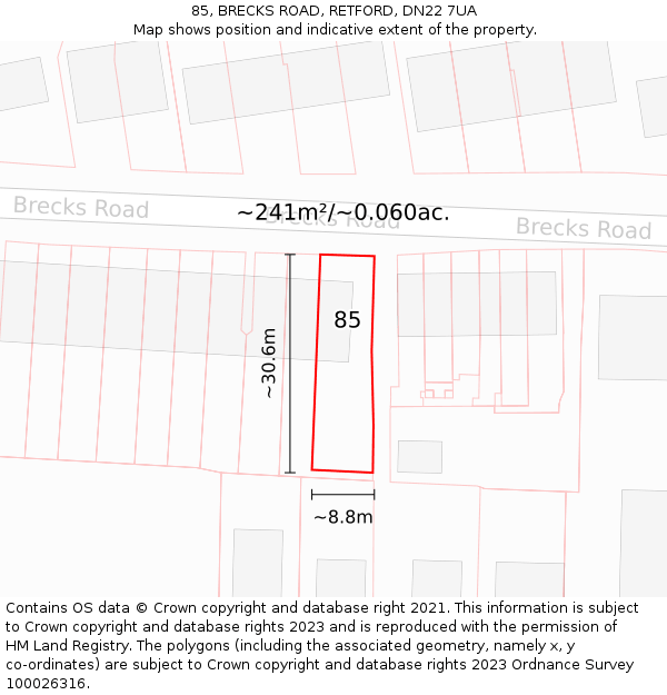 85, BRECKS ROAD, RETFORD, DN22 7UA: Plot and title map
