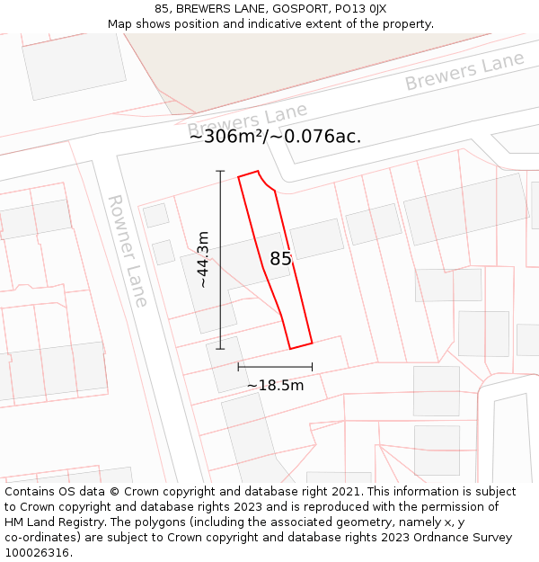 85, BREWERS LANE, GOSPORT, PO13 0JX: Plot and title map