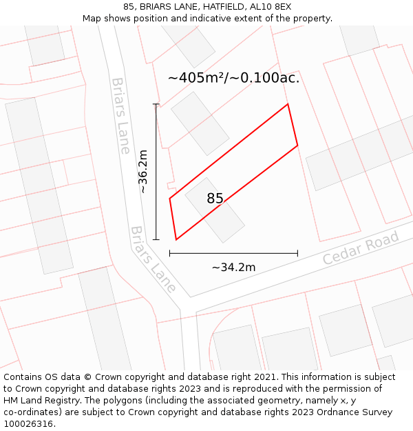 85, BRIARS LANE, HATFIELD, AL10 8EX: Plot and title map