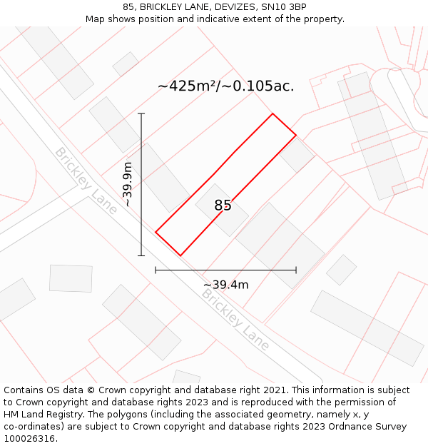 85, BRICKLEY LANE, DEVIZES, SN10 3BP: Plot and title map