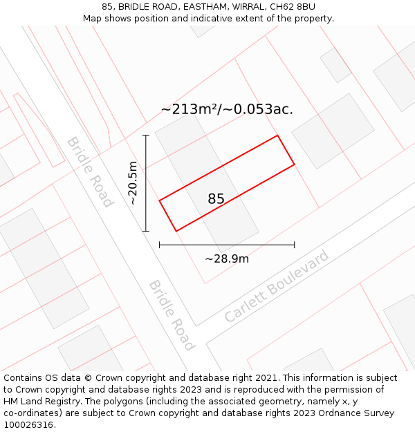 85, BRIDLE ROAD, EASTHAM, WIRRAL, CH62 8BU: Plot and title map