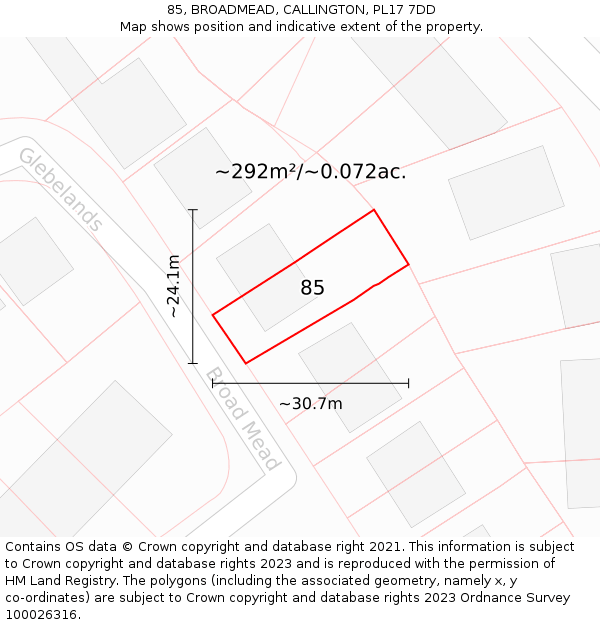 85, BROADMEAD, CALLINGTON, PL17 7DD: Plot and title map