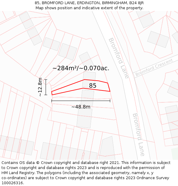 85, BROMFORD LANE, ERDINGTON, BIRMINGHAM, B24 8JR: Plot and title map