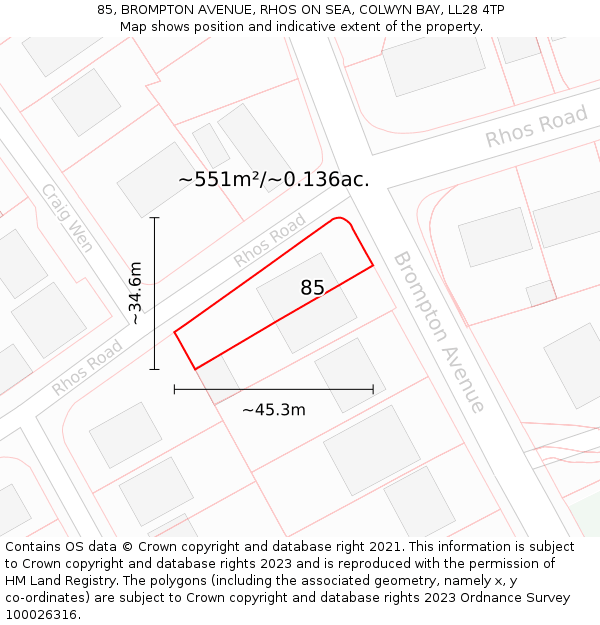 85, BROMPTON AVENUE, RHOS ON SEA, COLWYN BAY, LL28 4TP: Plot and title map